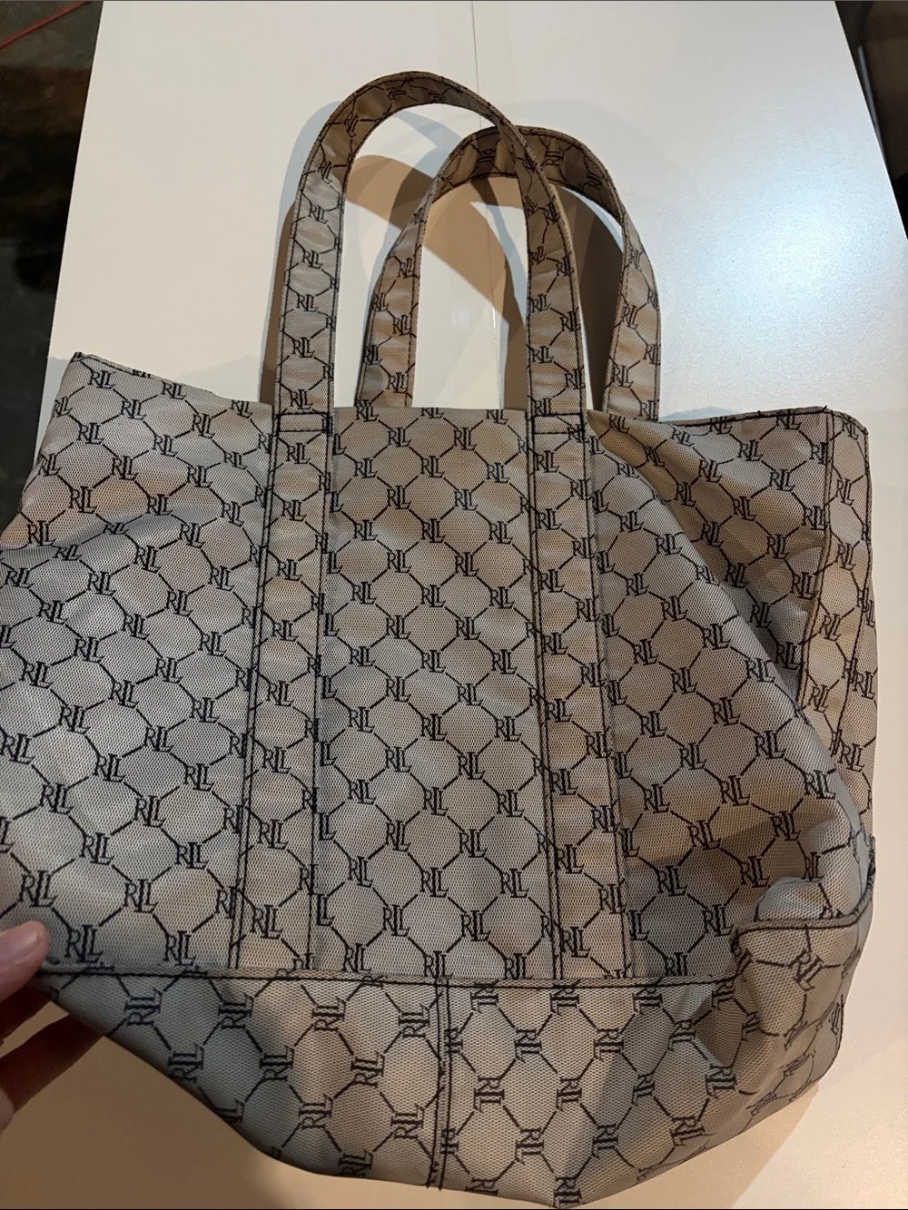 Ralph Lauren vintage waterproof tote some stains grey black logo front